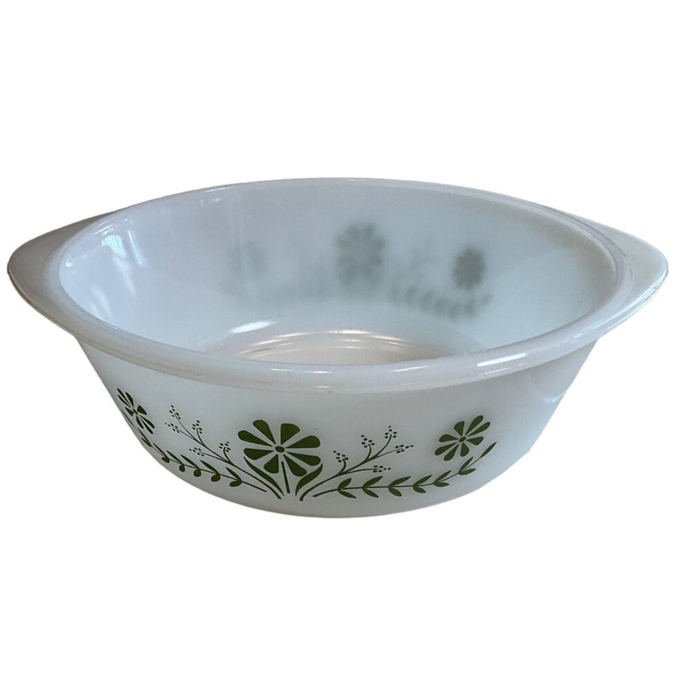 Vintage Glasbak 2Qt Green Daisies Casserole Dish w/o Lid‎ 60s Milk Glass Look